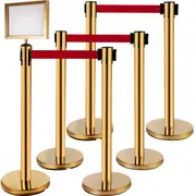 VEVOR Stanchion Post Barriers 6-Set Line Dividers, Stainless Steel Stanchions with 6.6 Red Retractable Belts, Stanchions with One Sign Frame, 34.6 Que