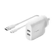 Dual Usb A Wall Charger 24W A To C Cbl