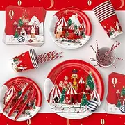 LLdousahy Disposable Plate Set, 129 Pcs (16 people) Christmas Holiday Tableware Set, Plates, Napkins, Cups, Knives, Forks, Spoons, Straws,Tablecloth