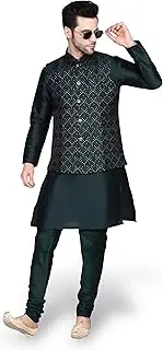 [Ethluxis] Men's Silk Blend Kurta Churidar Pyjama with Ethnic Bundi Jacket Set