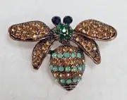 Brooch Bumble Bee Rose Tone Rhinestones Green Eyes Pin New