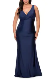 La Femme Simple Jersey Plus Size Gown with Faux Wrap Bodice in Navy at Nordstrom, Size 24W