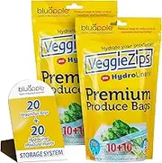 Bluapple VeggieZips Premium Produce Storage Bags - Produce Food Saver Bags + HydroLiners to Keep Produce Fresh Longer - Washable & Reusable Bags for Humidity Control for Fruits and Vegetables - 2 Pack