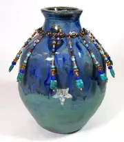 STUDIO ART POTTERY HANDMADE CERAMIC JEWELED DECORATIVE VASE
