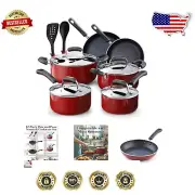 12-Piece Induction Compatible Nonstick Pots and Pans Cookware Set in Marble Red