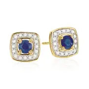 9ct Yellow Gold Round Brilliant Cut Created Blue Sapphire with 0.10 CARAT tw of Diamonds Stud Earrings