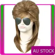 Mens Brown 80s Mullet Wig Long 1980s Disco Bogan Punk Rock Party Costume Wigs