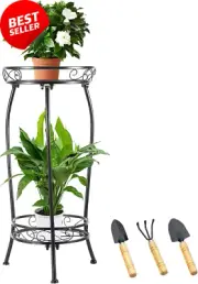 2-Tier 27" Metal Plant Stand with Garden Tools Corner Shelf for Plants