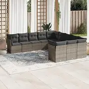 11 Piece Garden Sofa Set with Cushions, Grey Poly Rattan, Modular Outdoor Patio Furniture Set with Chairs & Table, UV-Resistant Patio Conversation Set, Balcony Bistro Seating, Durable Porch