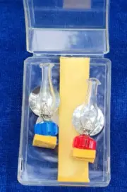 Vintage Miniature CHRYSNBON Dollhouse Oil Lamp Pair Red Blu New Old Stock 1970s