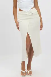 Beige Midaxi Skirt Buckle Detail Linen Blend - Size 16XL, Women's Midi Skirt