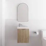 TOOLKISS 450*250*550mm American Oak Wall Hung Mini Vanity – Fluted Style Bathroom Vanity with 1 Door & Polymarble Top – Elegant Storage Solution