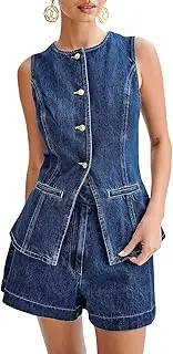 [Qianderer] Women's Denim 2 Piece Set Casual Business Sleeveless Button Up Jean Blazer Vest Tops and Shorts Outfit Tracksuits