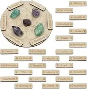 FINGERINSPIRE Wooden Crystal Grid Board Set Large Round Plate with Sacred Geometry 25 Small Sticks Engraved with Inspirational Words Spiritual Wooden Plates for Energy Work Meditation Home Decoration