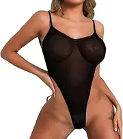 [Generic] 1 Piece Mesh Bodysuit Backless Amena Neckline Lace Up Transparent Nightgown Lace Up Lingerie Fishing Net Sexy Underwear Pyjamas with Steel Ring Lin
