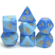 New 7 Piece Polyhedral Blend Blue Light Blue Dice Set With Dice Bag D&D RPG