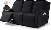VANSOFY Recliner Cover, 3-Pieces Stretch Reclining Couch Covers with Pockets Reclining Sofa Slipcovers 3 Seater Soft Washable Furniture Protector for Dogs Cats(Black)