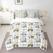 Feelyou Construction Truck Comforter Set with Sheets 7 Piece Queen Size Kids Machinery Truck Excavators Vehicles Bedding Set Cartoon Tractor Bed in a Bag Excavator Tractor Plaid Grid White Bed Set