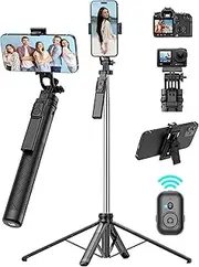 TUXOIUBA Professional Selfie Stick Tripod, 180cm Extendable 4-Leg Stand with Bluetooth Remote, Anti-Shake Travel Mobile Tripod Stand for gopro and Cameras