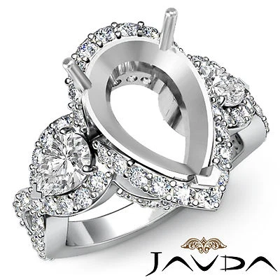 Diamond 3 Stone Anniversary Vintage Ring 18k White Gold Pear Semi Mount 1.4Ct