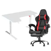 Advwin 140cm White Gaming Desk RGB LED Light & Gaming Chair with Footrest Red