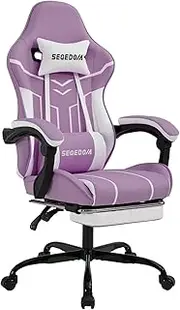 [segedom] Video Gaming Chair with Footrest, Ergonomic Gamer Chair with Lumbar Support, Height Adjustable Swivel Racing Gaming Massage Chair, Reclining Computer Office Desk Chair for Adults Purplewhite