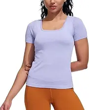 [sphinx cat] Seamless Ribbed Workout Yoga Fitted Tee Shirts Short-Sleeve Tops for Women with Built in Bra