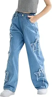 Rolanko Girls Jeans Bootcut Ripped Elasticated Waist Retro Style Denim Pants for Kids Fit