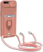 Dllatui Mobile Phone Case Compatible with iPhone 8 Plus/7 Plus/6S Plus/6 Plus, Collar Lanyard, Silicone Case with Camera Protection Slider, Rotating Stand with Card Slot, Necklace Case (Pink)