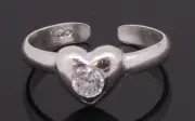 Toe Ring Sterling Silver Heart Shaped Adjustable With Cubic Zirconia