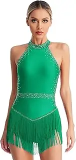 [RUNQHUI] Women's Fringe Trim Dance Leotard Halter Sleeveless Gymnastics Bodysuit Concert Outfits Green XX-Large