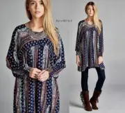 New VELZERA Womens PLUS SIZE NAVY BLUE PAISLEY BOHO BABYDOLL CHIC SHIRT TUNIC 1X