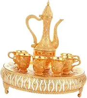 yuksok Turkish Tea Set with 6 Cups and Tray Art Crafts Wine Decanter and Glasses Serving Teapot for Living Room Wedding Home Holiday, Gold