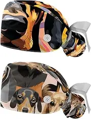 [YTYVAGT] 2-Pc,Nurse Scrub Caps,Scrub Hats with Buttons and Cotton Sweatband,Colorful Dachshund Animal Dog Pattern