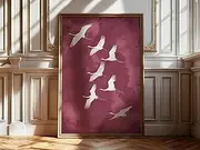 Flying Cranes Japandi Style Print Pink Burgundy White Bird Image Elegant Gallery Wall Art Vintage Artwork 229