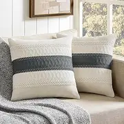 [ZeeMart] 2 Packs Cotton Boho Throw Pillow Covers 16x16 Inch Contrast/Charcoal, Soft Farmhouse Decorative Couch Pillow Cases Dark Grey Cushion Covers for Sofa Bed Living Room Home Decor