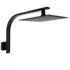 WELS 8" Matt Black Square Rainfall Shower Head Set Gooseneck Shower Arm Full SUS