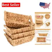 Durable Rectangular Wicker Baskets, Water Hyacinth & Wooden Handles - 4 Pack
