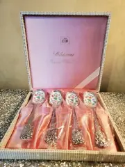 Vintage - Cloisonne 4 Enamel Spoon Set With Case By Wbrite. Made In Japan. NEW