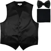New men's tuxedo vest waistcoat & bow tie set horizontal stripes formal black
