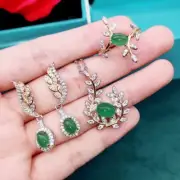 Spectacular Natural Green Jade Leaf Set with Ring, Pendant, Earrings & Chain