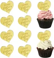 10 Pcs Happy Mother's Day Cupcake Toppers Gold Acrylic Mirror Engraved Heart Shaped Cake Topper Decorations for Mother's Day Baking Dessert Decor Supplies