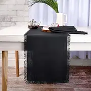 D'Moksha Homes Black Table Runner 60 inches Long, Faux Linen, Rustic Fringe Table Runner 14 x 60 Inch, Boho Table Runner with Fringe, Farmhouse Style Linen Table Runner for Spring, Indoor, Outdoor