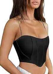 [Generic] Womens Spaghetti Strap Corset Leather Crop Tops Sweetheart Neckline Zip Back Cute Going Out Party Sexy Bustier