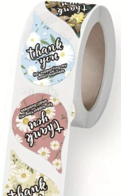 500 pcs Sticker Roll Drop Shape Thank you Flowers Semi Gloss Self Adhesive NEW