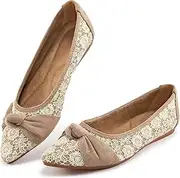 [Ablanczoom] Dress Shoes for Womens Flats: Dressy Comfortable Pointed Toe Bow Lace Mesh Ballet Flat Wedding Bridal Shoe for Women