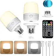 LUTW USB Rechargeable Light Bulb, 7W Dimmable and Detachable Battery Light Bulb E27, 3 Color Temperatures and Timmer Remote Control Light Bulb for Non Hardwired Lamps, Wall Sconces, Camping, 2 Pack