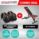 2x Powertrain 24kg Adjustable Dumbbell Home Gym w/ Exercise Bench
