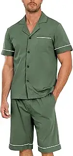 [EA'S SECRET] Mens Pajamas Set 100% Cotton Short Sets For Men Classic Button Down Sleepwear Summer Mens Pjs Sets With Pockets, Army Green, X-Large