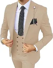 [Zylphorix] Men 3 Piece Double Breasted Suit Wedding Prom Dinner Party Suits One Button Tuxedo Blazer Vest Pants Set